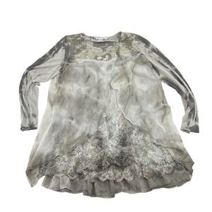 Feratelli Womens Sheer Overlay Lace‎ Trim Tunic Top Size L Gray Tie Dye